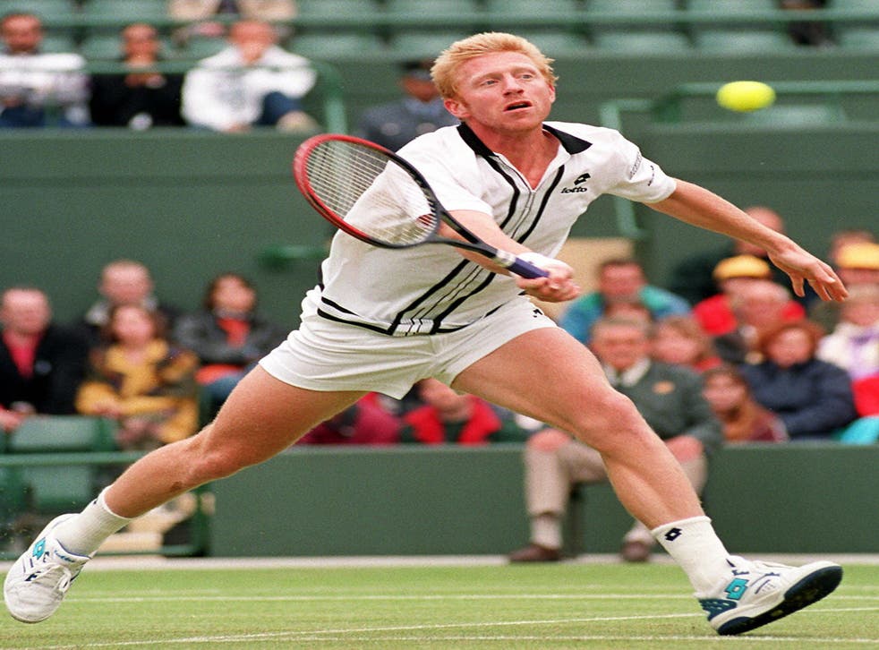 <p>Former German tennis ace Boris Becker chasing the ball in his match against Britain’s Mark Petchey at the Wimbledon Championships on 30 June 1997</p>