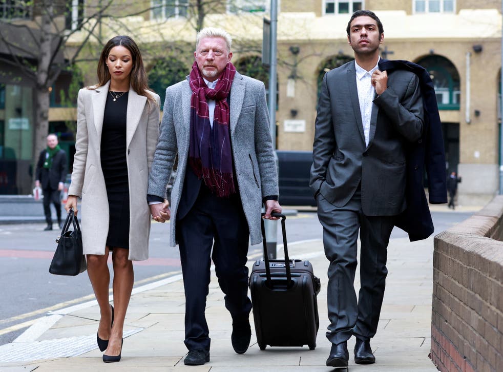 <p>Boris Becker pictured with his girlfriend Lillian de Carvalho and son Noah Becker outside Southwark Crown Court in London</p>