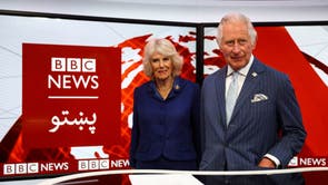 The Prince of Wales and the Duchess of Cornwall in a TV studio during a visit to the BBC World Service at BBC Broadcasting House, London, to mark it's 90th year and to thank staff and learn how they are continuing their operations across Ukraine, Russia and Afghanistan