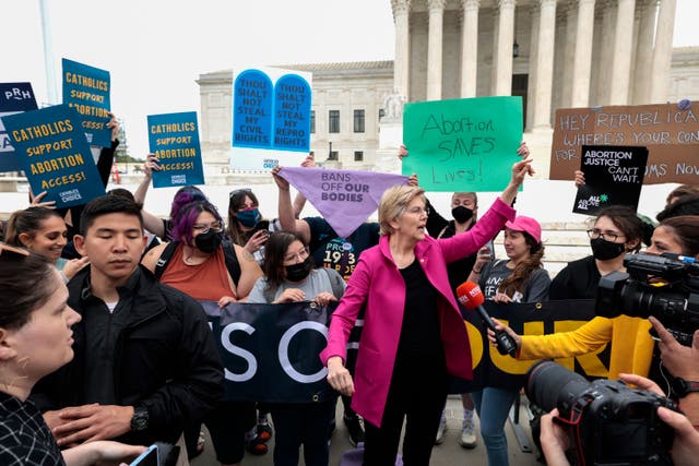 US Senator Elizabeth Warren speaks to pro-choice demonstrators outside of the US Supreme Court Building in Washington, DC. In a leaked initial draft majority opinion obtained by Politico, and authenticated by Supreme Court Chief Justice John Roberts, Supreme Court Justice Samuel Alito wrote that the cases Roe v Wade and Planned Parenthood of Southeastern Pennsylvania v Casey should be overturned, which would end federal protection of abortion rights across the country