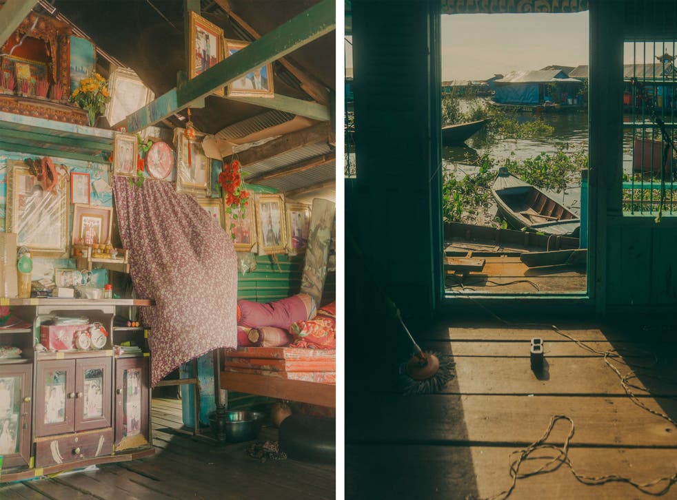 <p>左, an interior of a floating home; 正しい, a view of Kampong Luong floating village&lp;/p>