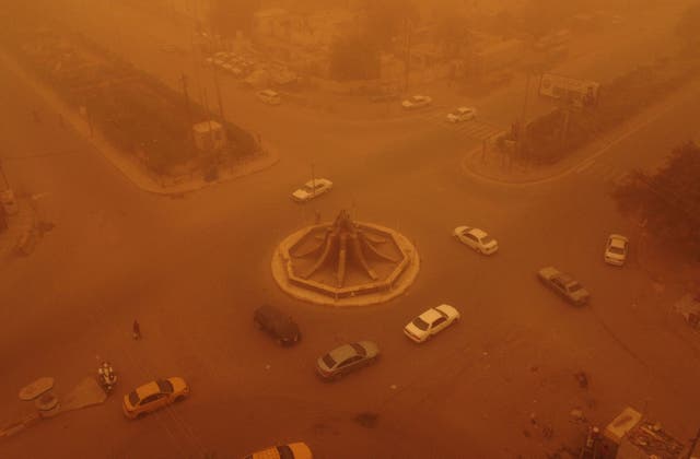 An aerial picture shows a view of Iraq's southern city of Nasiriyah during a heavy sandstorm