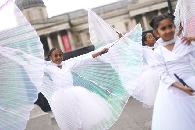 Girls from Grace and Poise, the world’s first Muslim ballet school, perform during the Eid in the Square festival in Trafalgar Square, London