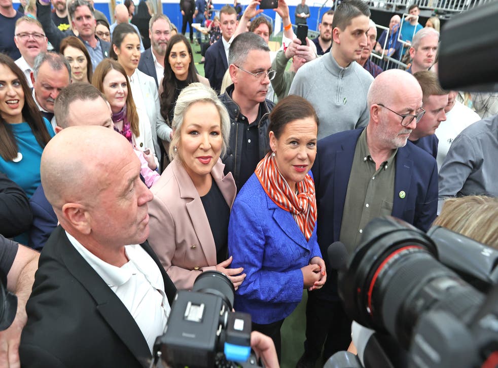 Sinn Fein leader Mary Lou McDonald (centre right) and Michelle O’Neill (centre left) arrive at the Northern Ireland Assembly Election count centre at Meadowbank Sports arena in Magherafelt in Co County Londonderry (Liam McBurney/PA)