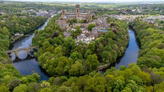 Durham Cathedral which stands on The Bailey, a peninsula formed by the River Wear looping around the historic centre of Durham
