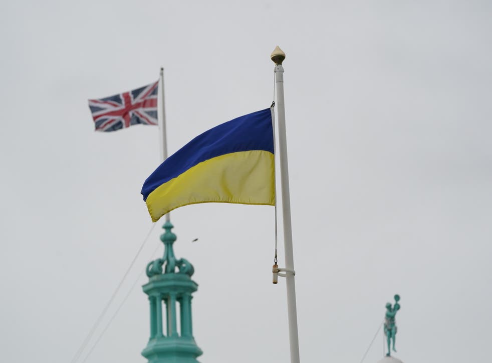 An Ukrainian and Union flag flying above Spanish City in Whitley Bay, North Tyneside (PA)