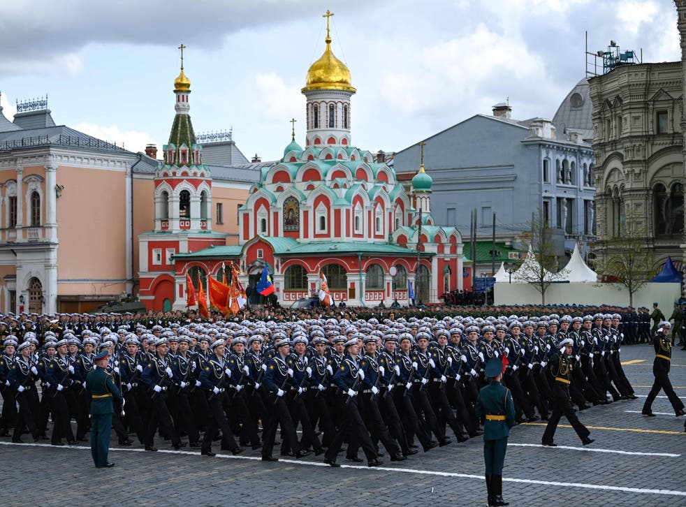 <p>Russian sailors march on Red Square during the Victory Day military parade in central Moscow</p>