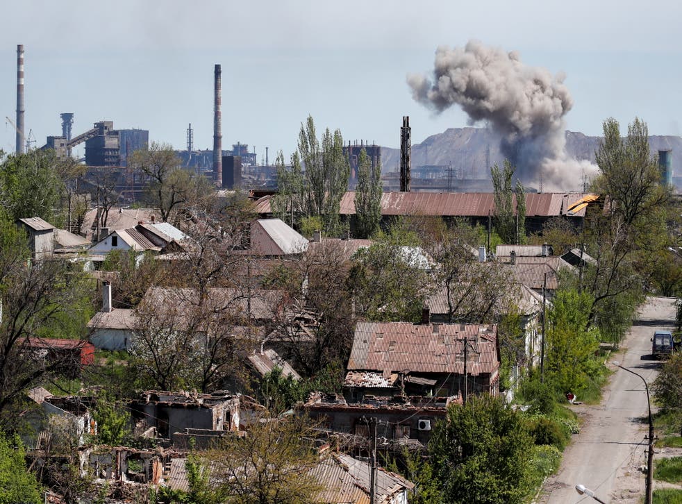 <p>A view shows an explosion at a plant of Azovstal Iron and Steel Works</p>