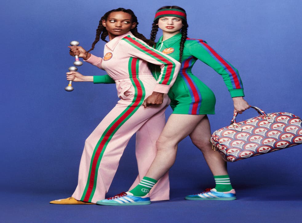 <p>A pink tracksuit features Gucci’s red and green stripes on one leg</bl>