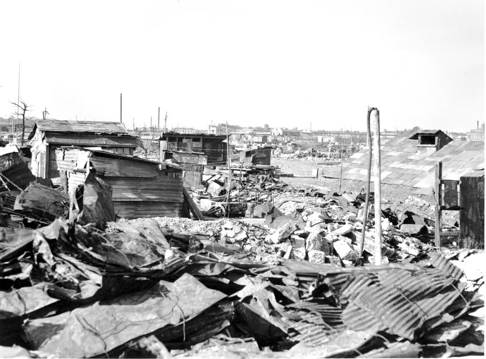 <p>Ruined buildings left behind after the firebombing </p>