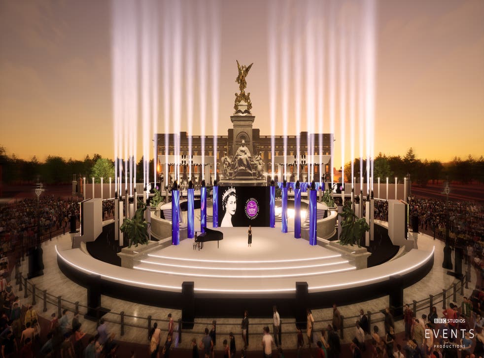 Artist impression of the stage outside Buckingham Palace for the Platinum Party at the Palace (BBC/PA)