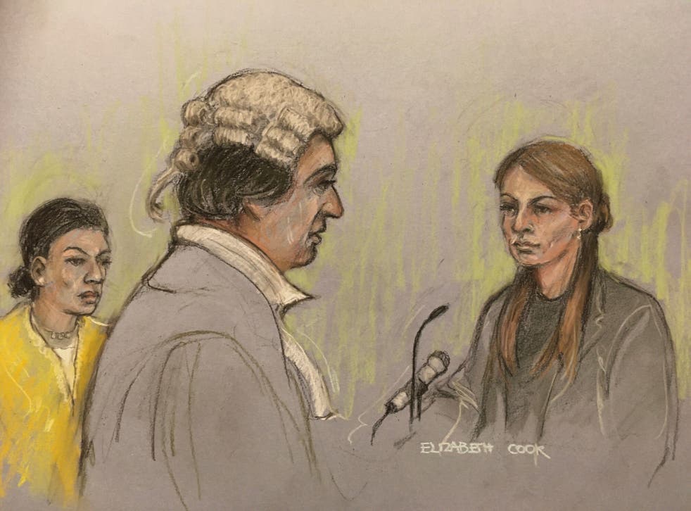 Court artist sketch of Coleen Rooney giving evidence as Rebekah Vardy looks on (Elizabeth Cook/PA)