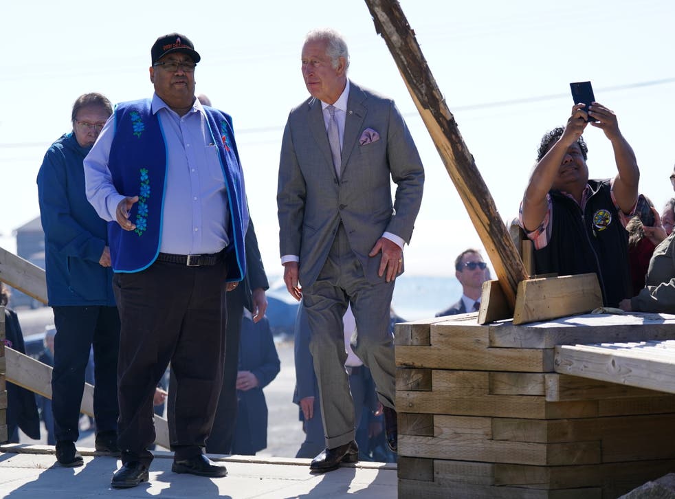 The Prince of Wales arrives for a visit to the Dettah community, in Yellowknife, during a three-day trip to Canada with the Duchess of Cornwall to mark the Queen’s Platinum Jubilee (Jacob King/AP)