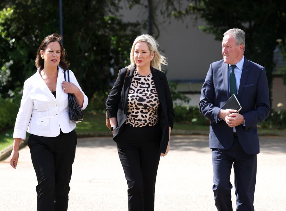 Sinn Fein’s Mary Lou McDonald, Michelle O’Neill and Conor Murphy after meeting with the Prime Minister Boris Johnson at Hillsborough Castle on Monday (Liam McBurney/PA)
