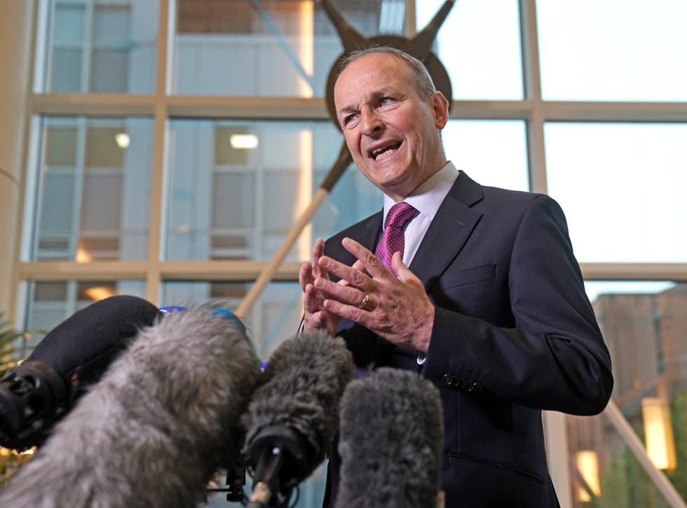 <p>Irish premier Micheal Martin speaks to the media after talks with Sinn Fein and the DUP</p>
