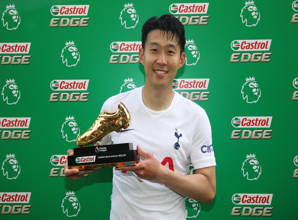 Tottenham’s Son Heung-min poses with the Golden Boot after reaching 23 goals for the season (Nigel Francês / PA)