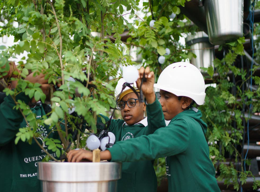 Junior foresters help pot one of the 350 trees that make up the branches of the sculpture (Dominic Lipinski/PA)
