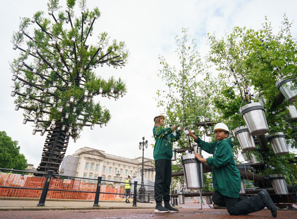 Beatrice Boghian, 11, and Mitthun Tharanibabu, 10, put the finishing touches to the final section of the Tree Of Trees (Dominic Lipinski/PA)