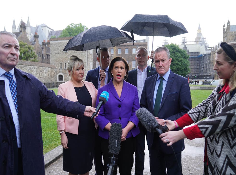 Sinn Fein vice president Michelle O’Neill speaking to the media outside the Palace of Westminster in London (Stefan Rousseau / PA)