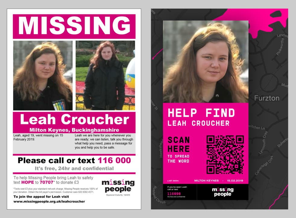 Before and after Leah Croucher missing posters ( Missing People/Felicity Crawshaw)