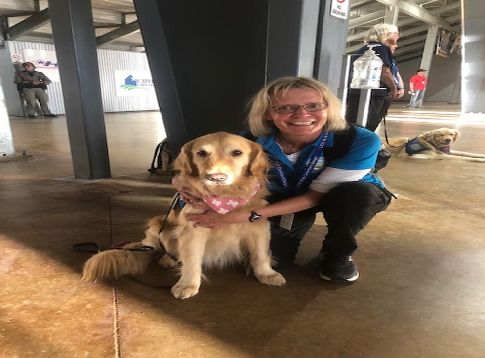 <p>Bonnie Fear, from Colorado, is the K-9 Crisis Response Coordinator for Lutheran Church Charities; she poses with Joy, one of several golden retrievers brought in to comfort the the Uvalde community</磷>