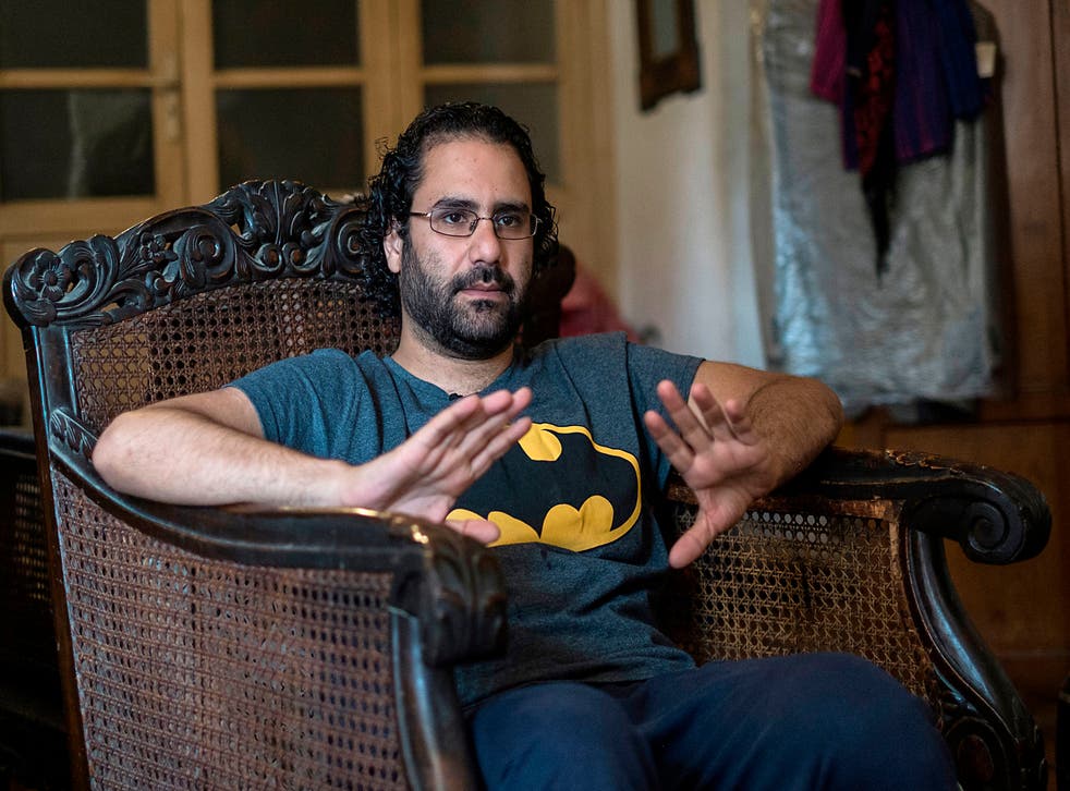 <p>Alaa Abdel Fattah gives an interview at his home in Cairo in May 2019</p>
