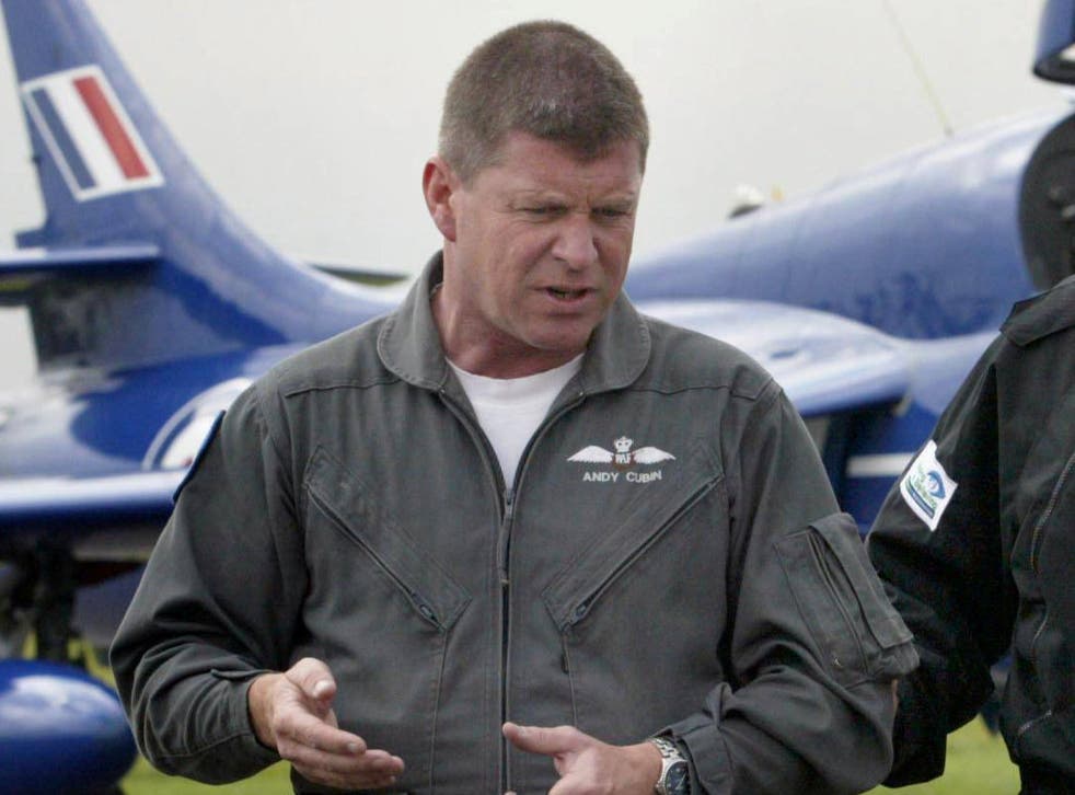 <p>Andy Cubin in front of a Hawker Hunter jet at Kemble airfield, August 2007</p>