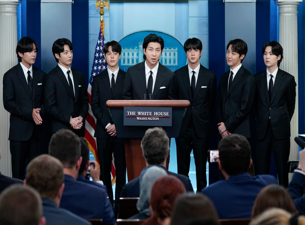 <p>BTS deliver opening remarks on Asian hate crime at White House briefing (Evan Vucci/AP)</s>