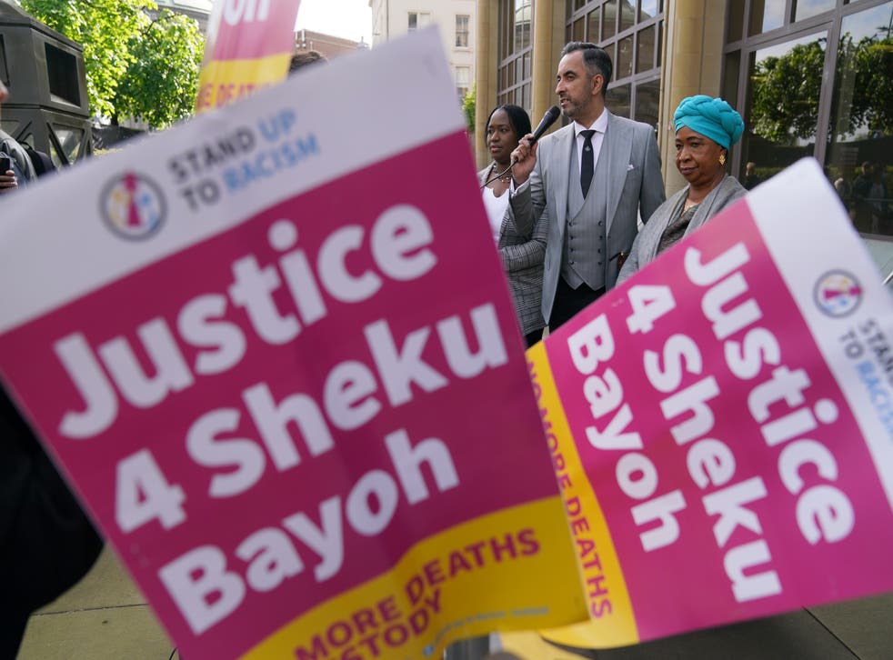 Sheku’s mother Aminata Bayoh (right) with lawyer Aamer Anwar outside Capital House at the beginning of the inquiry (Andrew Milligan/PA)