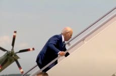 Joe Biden stumbles up stairs of Air Force One on way to California