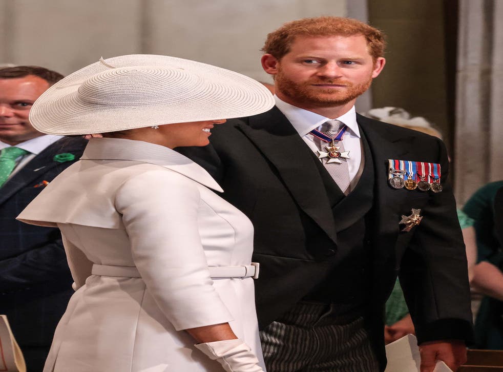 The Duke and Duchess of Sussex attend the National Service of Thanksgiving at St Paul’s Cathedral, Londres, on day two of the Platinum Jubilee celebrations (PA)