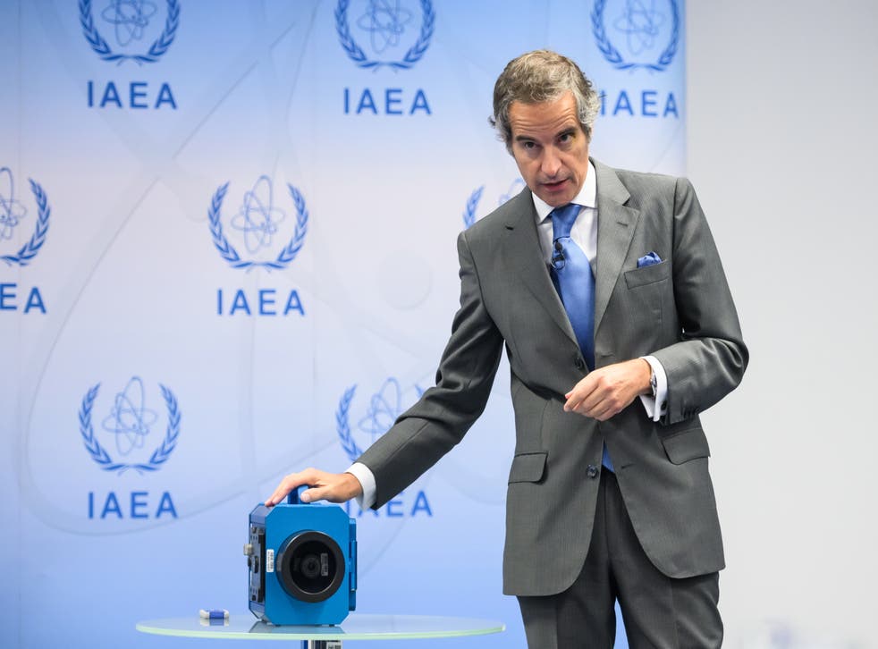 <p>Director General of the International Atomic Energy Agency (IAEA) Rafael Mariano Grossi speaks next to a surveillance camera during a press conference in Vienna</p>