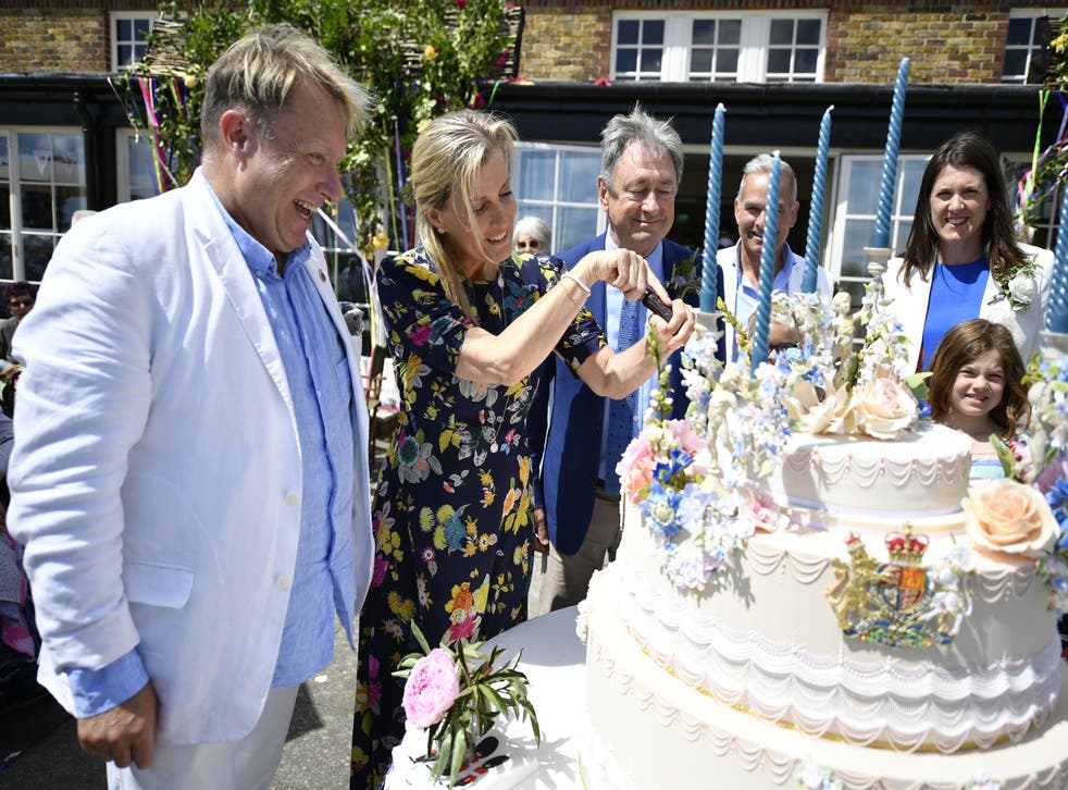 The Countess of Wessex cuts into a cake to celebrate the Queen’s Platinum Jubilee and the 130th anniversary of the Royal Windsor Rose and Horticultural Society (PA)