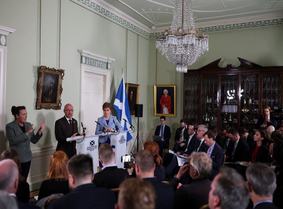 The First Minister, together with Scottish Green co-leader Patrick Harvie, launched the first of a series of papers designed to make a fresh case for independence at a press conference at Bute House. (Russell Cheyne/PA)