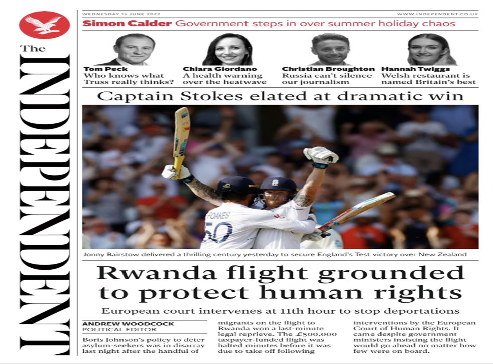 <p>Independent front page on Tuesday 15 June 2022</s>