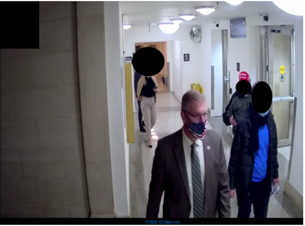 <p>This image taken from Capitol surveillance video shows Rep Barry Loudermilk leading a tour the day before the Capitol riot</bl>