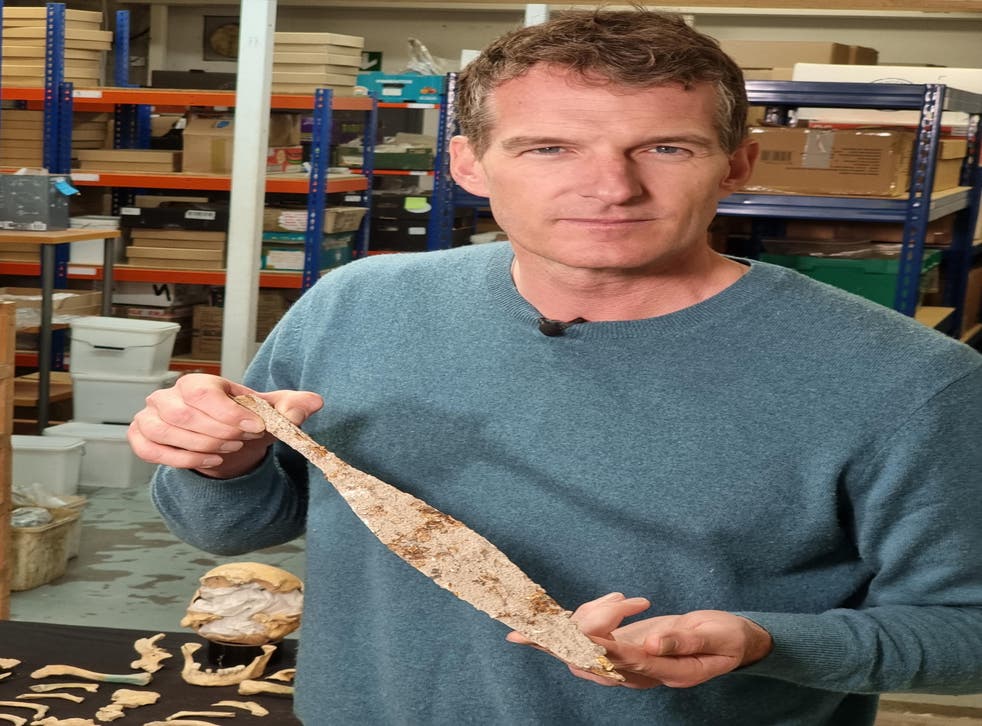<p>Historian Dan Snow with spearhead uncovered in excavations </bl>
