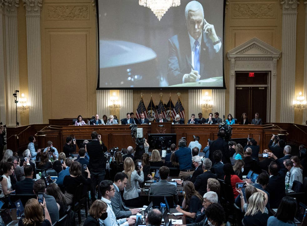 <p>An image of former Vice President Mike Pence on the night of January 6, 2021 is displayed during the third hearing of the US House Select Committee to Investigate the January 6 Attack</p>