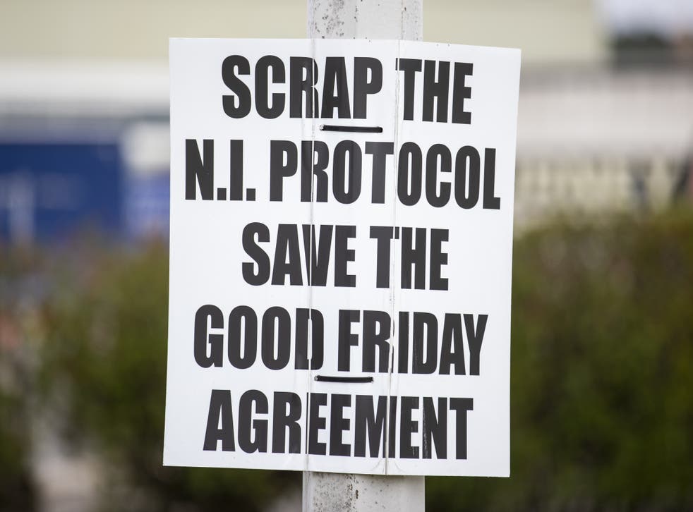 An anti-Northern Ireland Protocol sign close to Larne Port, as a Bill to amend the Northern Ireland Protocol unilaterally will be introduced in Parliament (PA)