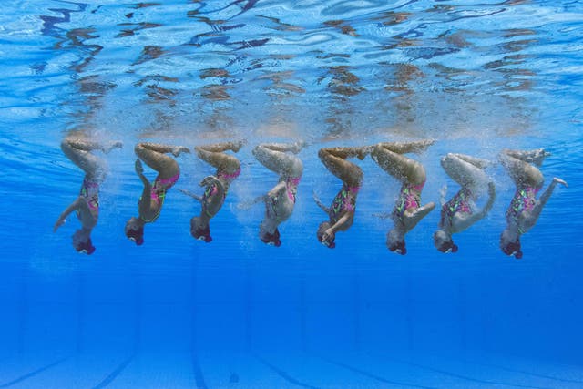 Canada’s team competes in the preliminaries for the women’s team technical artistic swimming event during the Budapest 2022 World Aquatics Championships at the Alfred Hajos Swimming Complex in Budapest