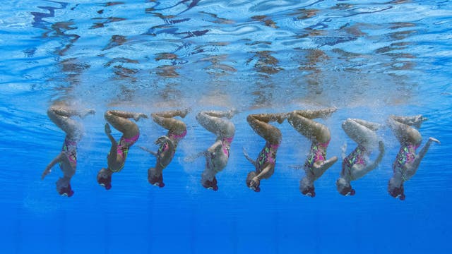 Canada’s team competes in the preliminaries for the women’s team technical artistic swimming event during the Budapest 2022 World Aquatics Championships at the Alfred Hajos Swimming Complex in Budapest