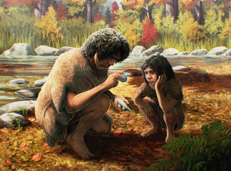 An illustration by Gabriel Ugeto of homo heidelbergenis making a flint handaxe (Department of Archaeology, University of Cambridge/PA)