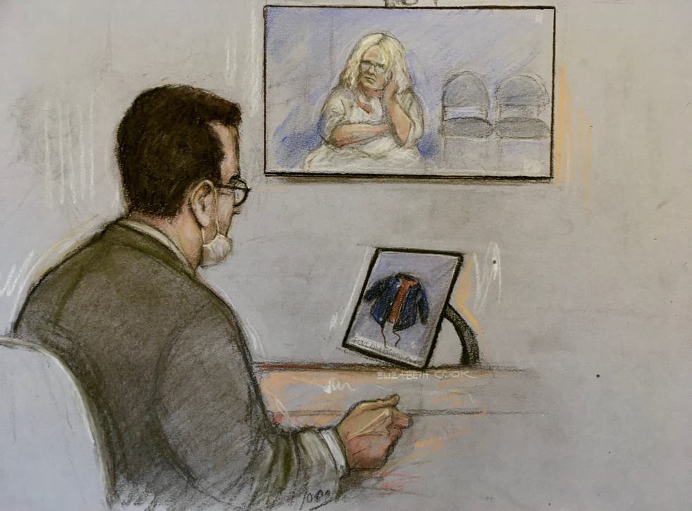 Court artist sketch of Ruth Neave, mother of Rikki Neave, appearing via video link at the Old Bailey, Londen (Elizabeth Cook/PA)