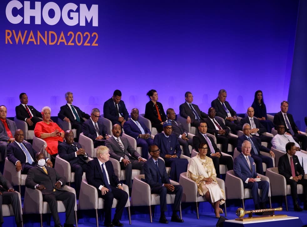 Prime Minister Boris Johnson, seated along with Rwandan President Paul Kagame, Secretary-General of the Commonwealth of Nations Patricia Scotland and the Prince of Wales, and Brunei Sultan Hassanal Bolkiah (Dan Kitwood/PA)