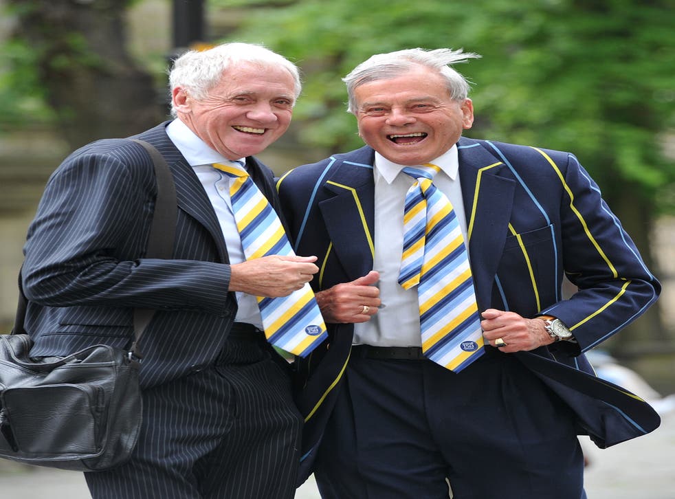 <p>Former Yorkshire player and cricket umpire Dickie Bird and Harry Gration arrive at York Minster for a service to mark the 150th Anniversary of Yorkshire County Cricket Club</p>