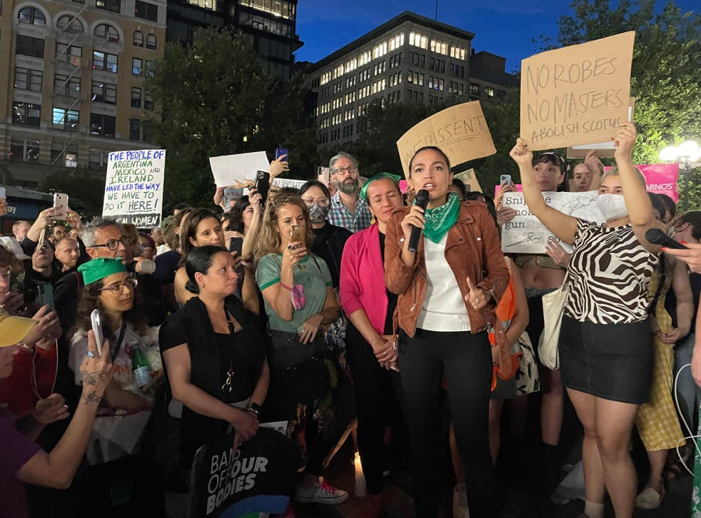 <p>Rep Alexandria Ocasio-Cortez at a pro-abortion event in Union Square in New York City.</s>