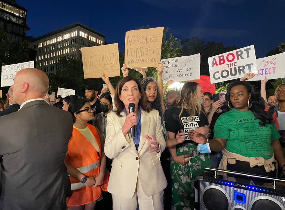 <p>Gov Kathy Hochul at a pro-abortion event in Union Square in New York City.</s>