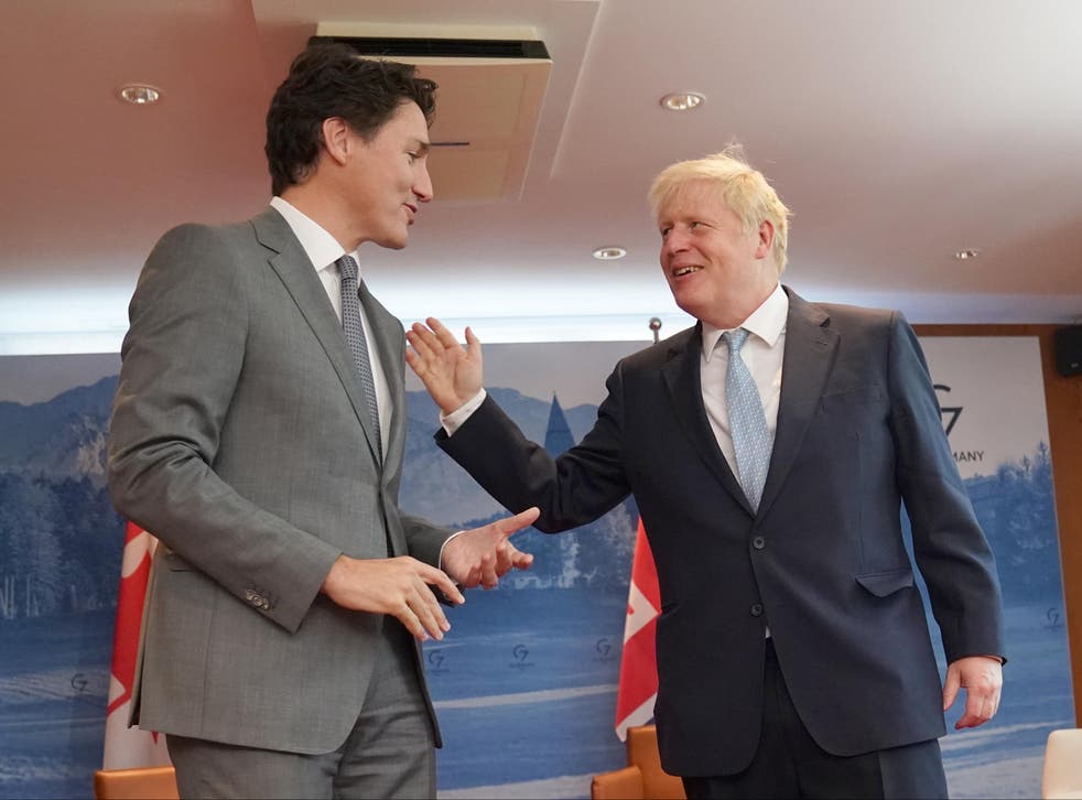 <p>Boris Johnson jokes with Canadian PM Justin Trudeau at G7</p>