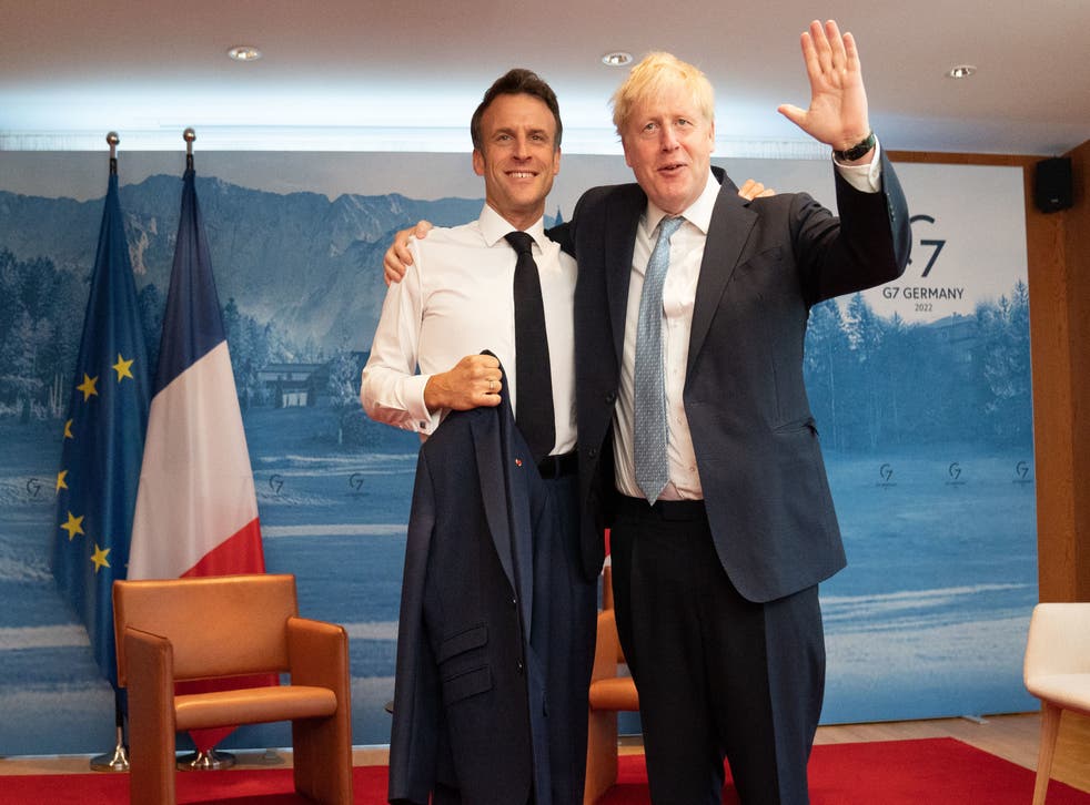 <p>Boris Johnson holds a bilateral meeting with French president Emanuel Macron on the first day of the G7 summit at Schloss Elmau on 26 June 2022</p>