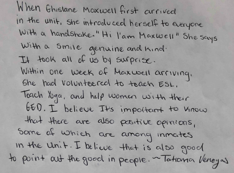 <p>Letter submitted by a cellmate of Ghislaine Maxwell ahead of her sentencing on Tuesday</p>
